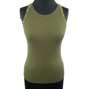 SANDRO Green Ribbed Knit Slim Fit Gold Charm Sleeveless Scoop Fitted Tank 3